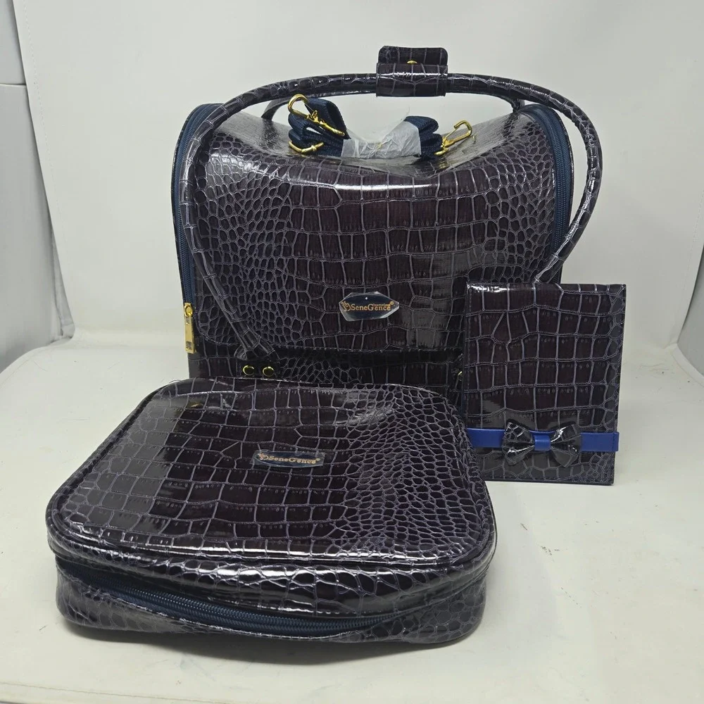 SeneGence Purple Croc Embossed Makeup Train Case Set Travel Organizer 3pc